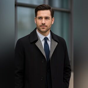 Turnbury Reversible Single Breasted Coat Black Herringbone 40S Merino Wool